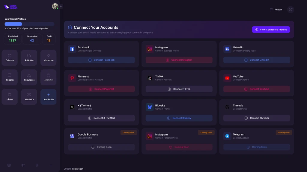 RobinReach dashboard showing post scheduling and analytics overview