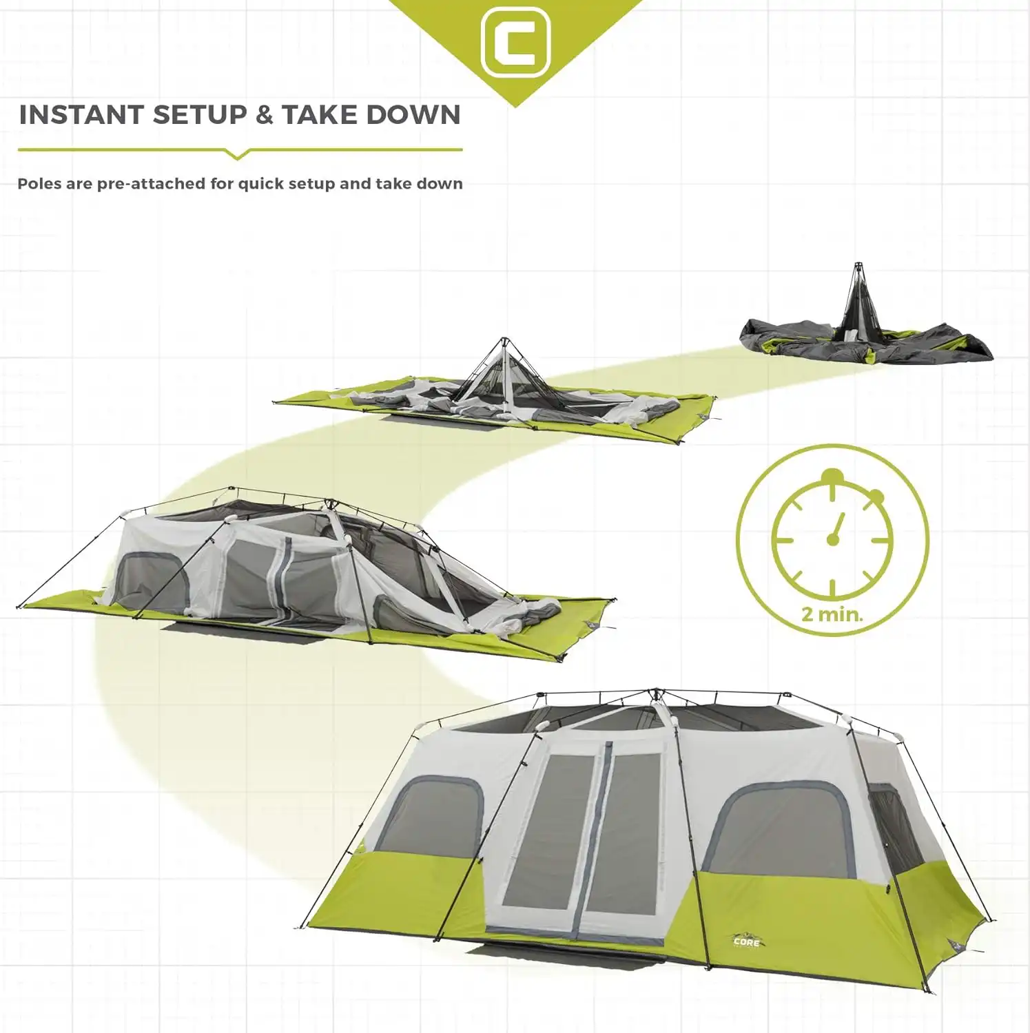 CORE Instant Cabin Tents 10 Person Family Cabin Multi Room Pop Up Tents Car Camping Included Storage Pockets for Camping Accessories