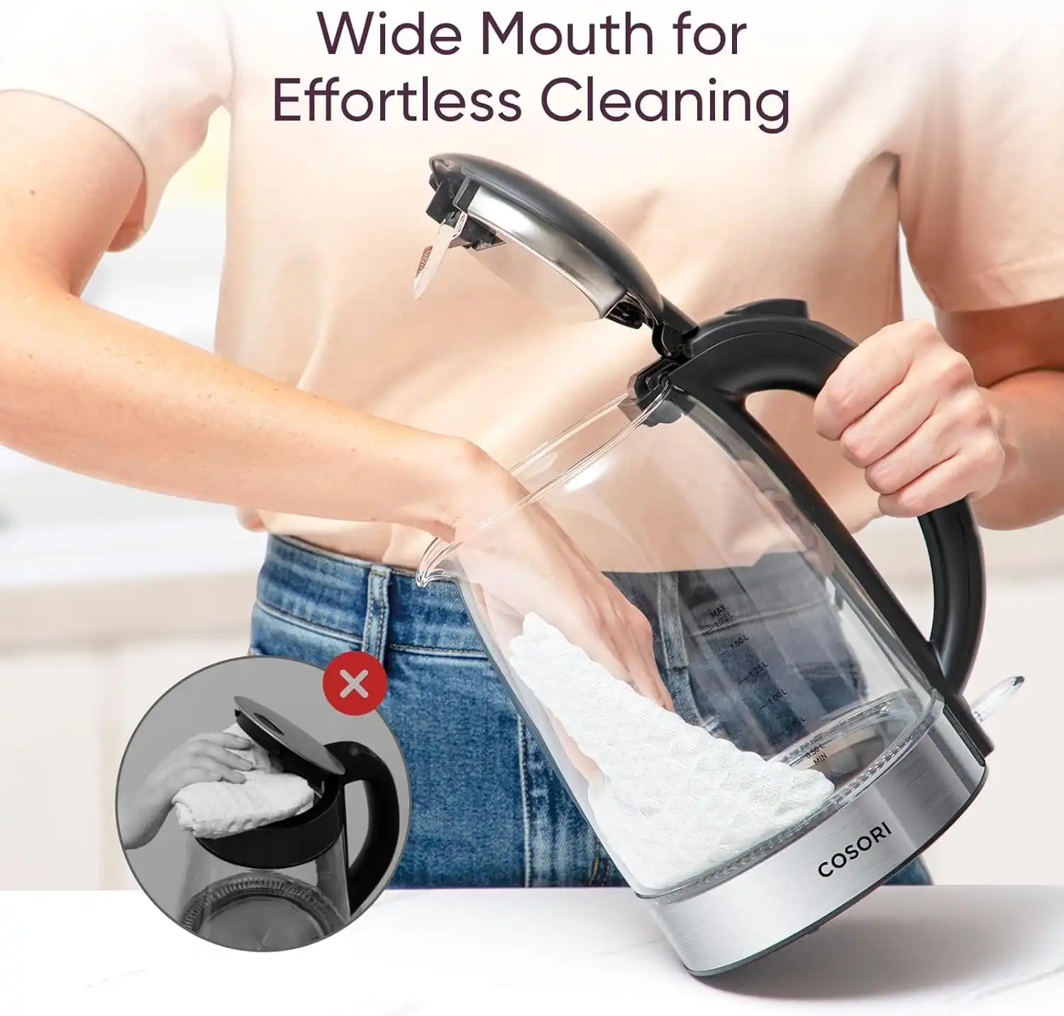 Cosori Electric Kettle, No Plastic Filter & Spout, 1.8Qt Tea Kettle & Hot Water Boiler For Coffee & Tea, Water Heater & Teapot, Automatic Shut Off, Borosilicate glass, Black, 1