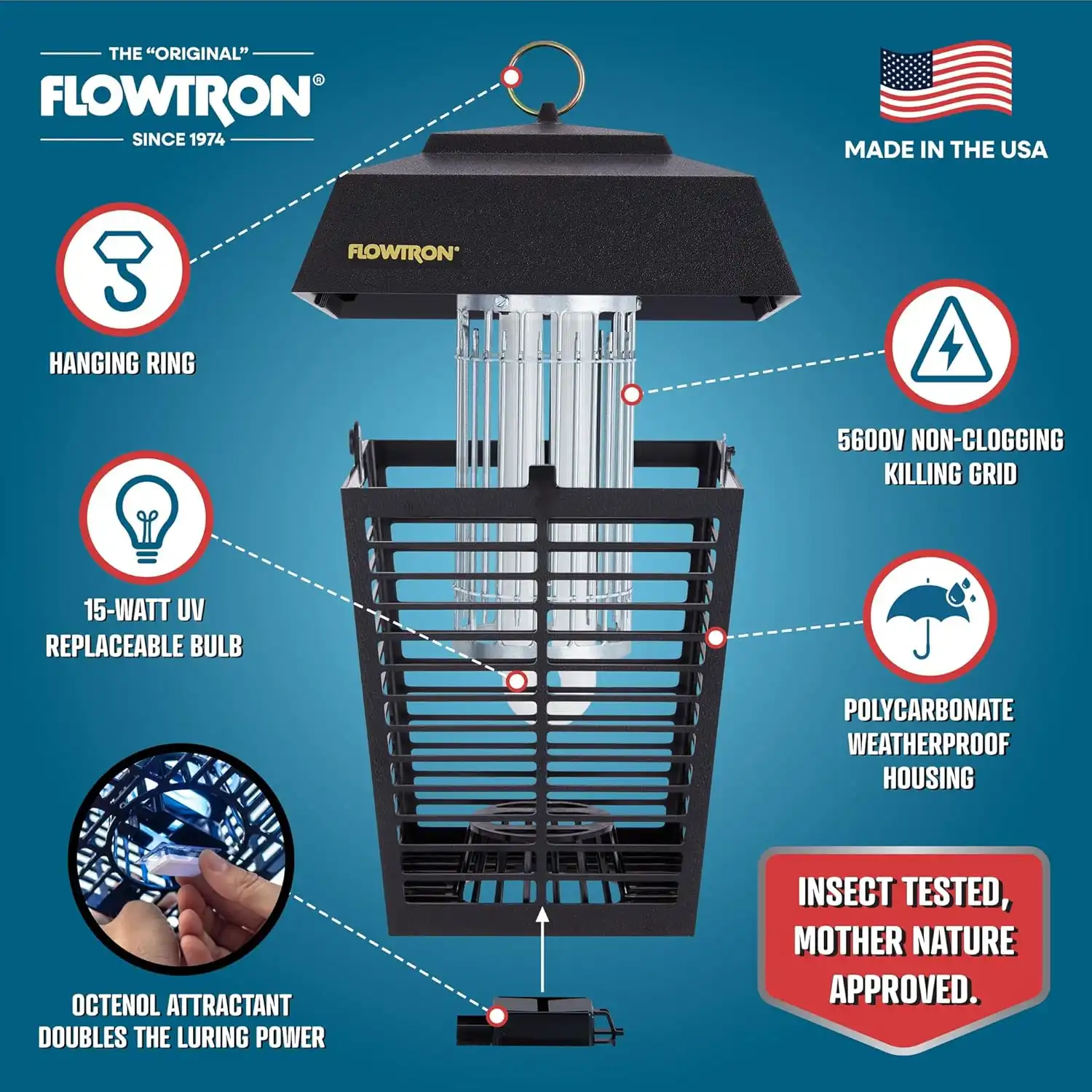 Flowtron Electric Bug Zapper 12 Acre Outdoor Insect Control with Dual Lure Method, 15W UV Light & Octenol Attractant for Fly & Mosquito, 5600V Kill Grid,