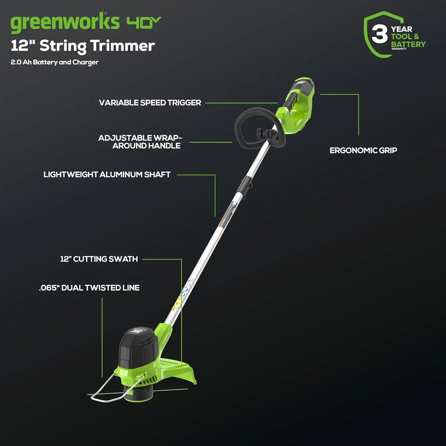 Greenworks 40V Lawn Care Combo Kit, Trimmer & Blower for Edging & Leaf Cleanup, 2.0Ah Battery & Charger