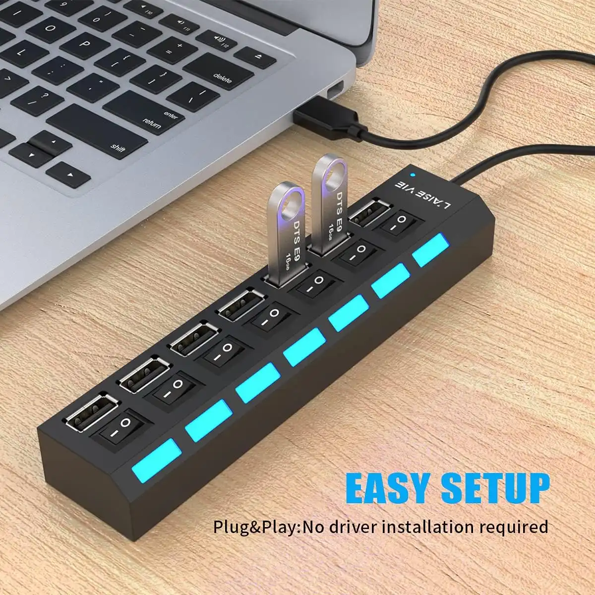 Multi Port Splitter, 7 Port USB 2.0 Hub, USB A Port Data Hub with Independent OnOff Switch and LED Indicators, Lights for Laptop, PC, Computers