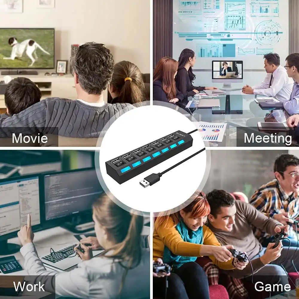 Multi Port Splitter, 7 Port USB 2.0 Hub, USB A Port Data Hub with Independent OnOff Switch and LED Indicators, Lights for Laptop, PC