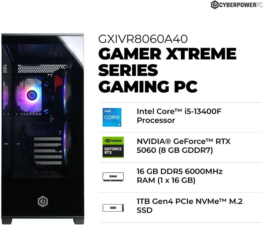 CyberPowerPC Gamer Xtreme VR Gaming PC, Intel Core i5-13400F 2.5GHz, GeForce RTX 5060 8GB, 16GB DDR5, 1TB PCIe 4.0 SSD