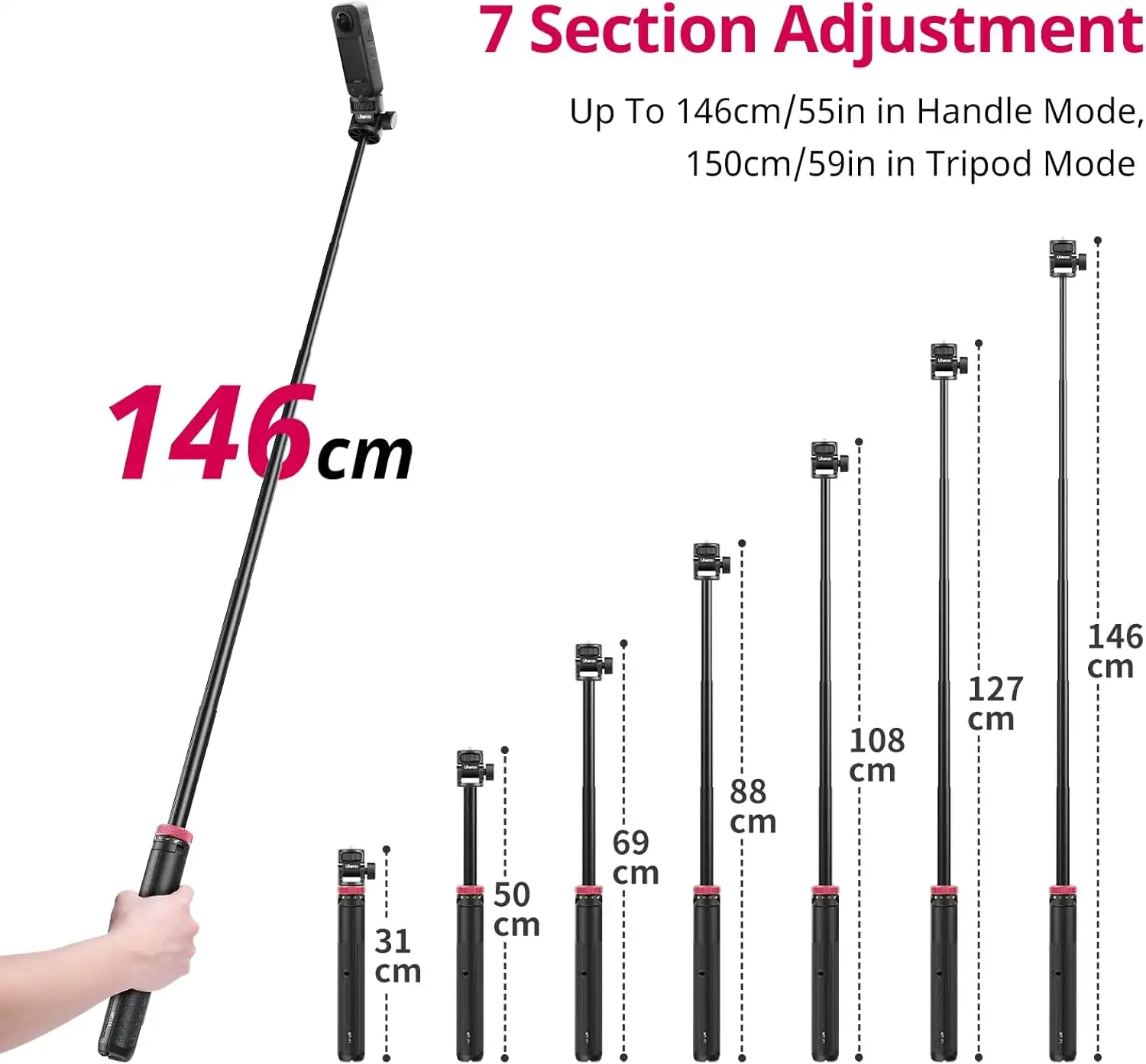 ULANZI MT-71 Tripod Selfie Stick & Vlog Handle with Magnetic Quick Release&14'' Screw, 59in Extendable Lightweight Tripod Stand (7-Section) for DJI Pocket 3Insta360 X5 X4 X3 Series