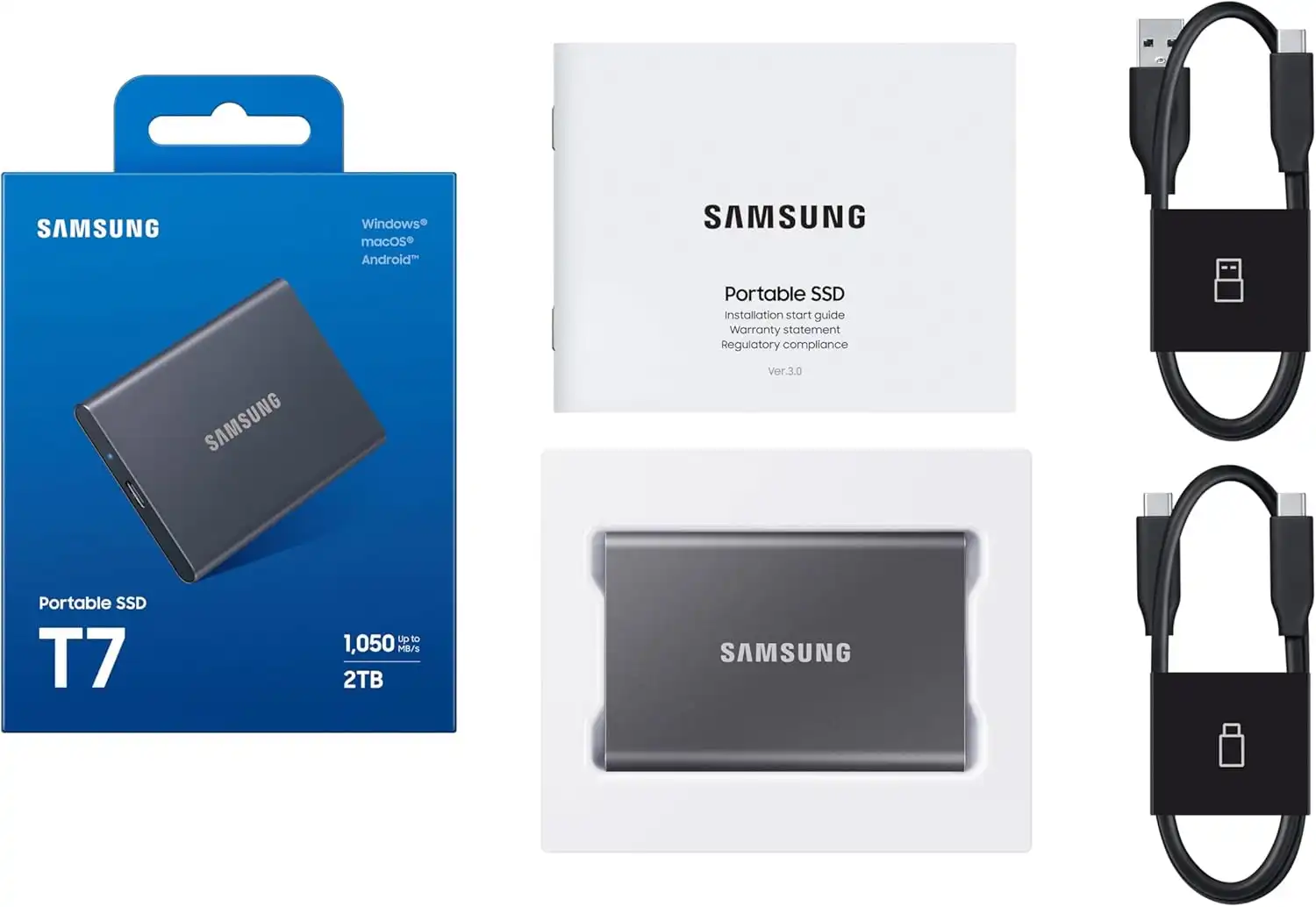 SAMSUNG T7 Portable SSD, 2TB External Solid State Drive, Speeds Up to 1,050MBs, USB 3.2 Gen 2, Reliable Storage for Gaming, Students, Professionals, MU-PC2T0TAM, Gray
