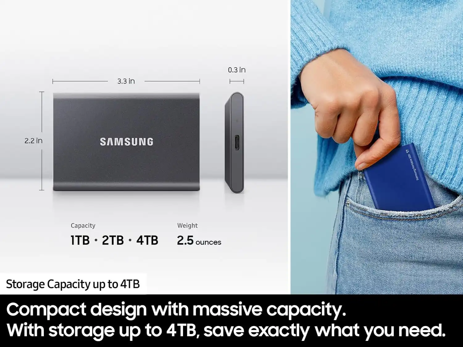 SAMSUNG T7 Portable SSD, 2TB External Solid State Drive, Speeds Up to 1,050MBs, USB 3.2 Gen 2, Reliable Storage for Gaming